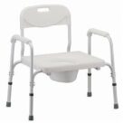A white commode chair with wheels and padded seat.