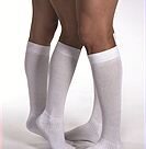 A pair of legs wearing white socks and black stockings.