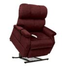 A red recliner with the handle up.