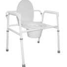 A white commode sitting on top of a metal frame.