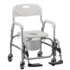A white commode chair with wheels and seat.
