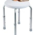 A white stool with a metal frame and plastic seat.