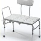 A bath bench with back rests and adjustable height.