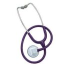 A purple stethoscope is shown with a white button.