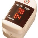 A blood pressure monitor is shown with red lights.