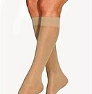 A person wearing tan colored knee high socks.