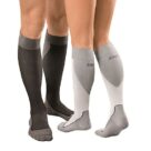 A pair of legs wearing knee high socks.