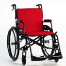 A red wheelchair with wheels and black frame.