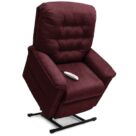 A burgundy recliner with remote control on the side.