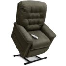 A dark green recliner with remote control.