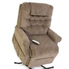 A brown recliner with remote control on it.