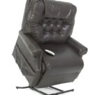 A brown recliner with the seat up and a cup holder.