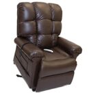 A brown leather recliner with the seat up.