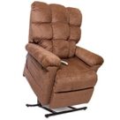 A brown recliner with the handle up.