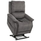 A gray recliner with the handle up and a cup holder.