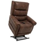A brown recliner with metal legs and a cup holder.