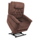 A brown recliner with the foot rest up.
