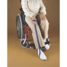 A person sitting in a wheelchair with one leg up.