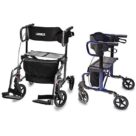 A pair of walkers with wheels and seat.