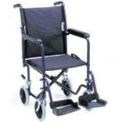 A blue wheelchair with wheels and foot rests.