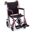 A red wheelchair with black seat and wheels.