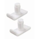 A pair of white plastic handles for furniture.